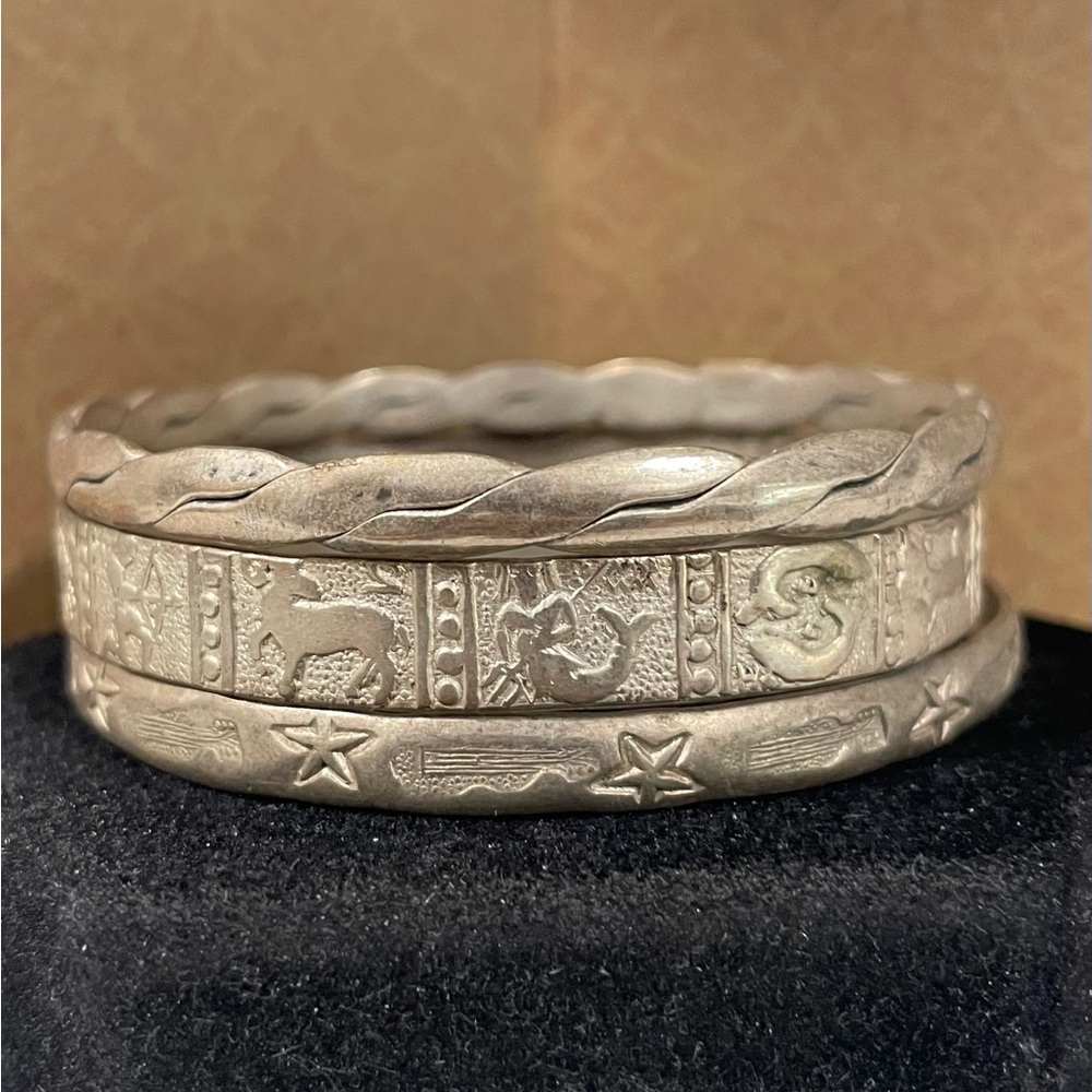 3 Mexican Silver Bangle Bracelets